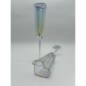 2 Iridescent Heart Shaped Long Stemmed Champagne Flutes Gold Rim Textured Glass